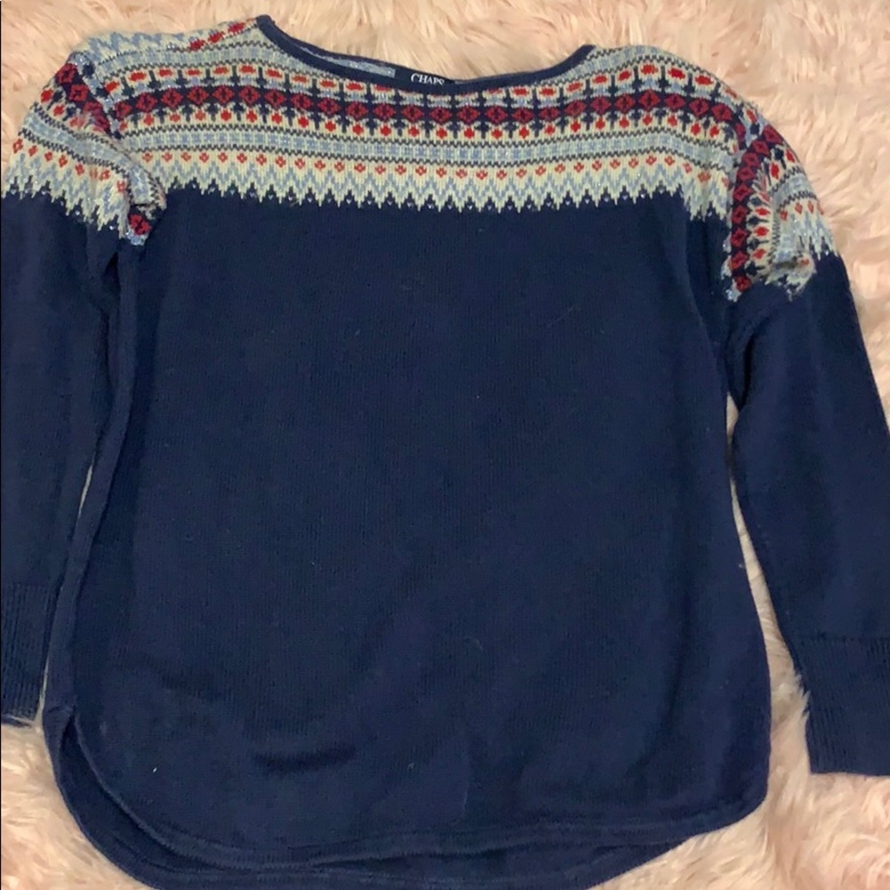 Navy Blue Sweater w/ Red and White Design